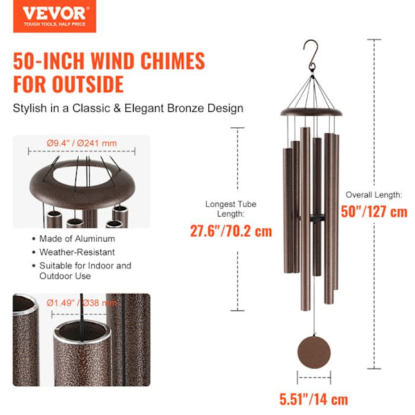 Vindklocka utomhus - VEVOR - 1270 mm - Vindklocka med djup ton med 6 rör - för uteplats, veranda