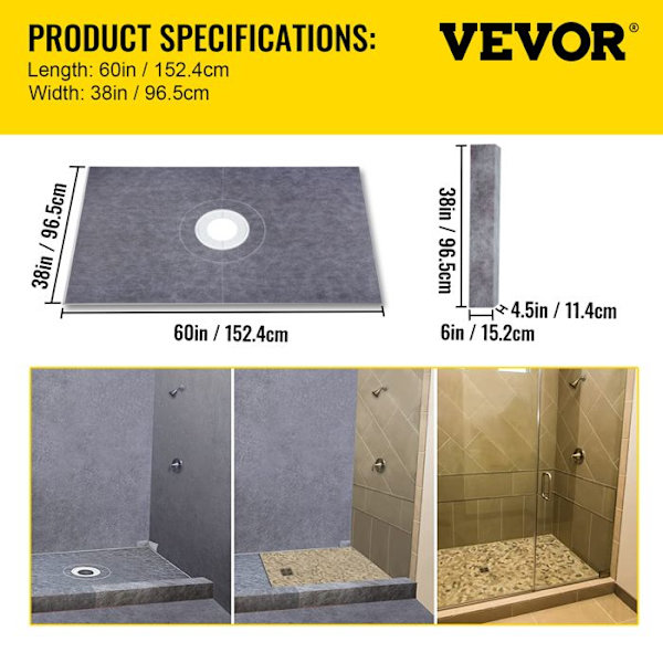 Duschkarsats-VEVOR-965x1524mm-Vattentät-PVC Offset Dränering-Rostfritt stålgaller 10 cm-2 Duschkanter-2 Glättare-Bad