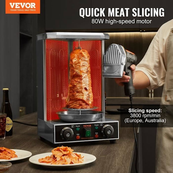 Elektrisk Kebabkniv 80 W-VEVOR-med 2 blad Diameter 100 mm, Justerbar tjocklek 0-8 mm-för restaurang, Snackbar, Grill