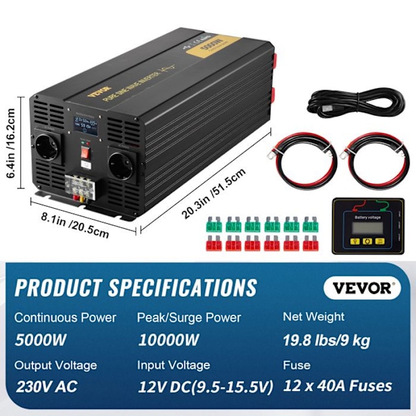 Pure Sine Wave Power Inverter-VEVOR-5000W-DC 12V till AC 230V Bilväxelriktare-för husbil, lastbil, bil, resor