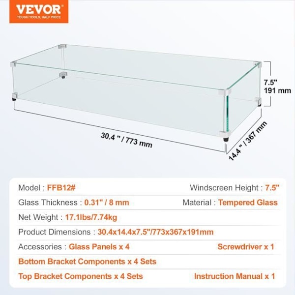 Vindskärm för eldstad-VEVOR-773x367x191 mm Härdat glas Vindskärm-för eldstad Rektangulär skyddsskärm Robust Flamskydd
