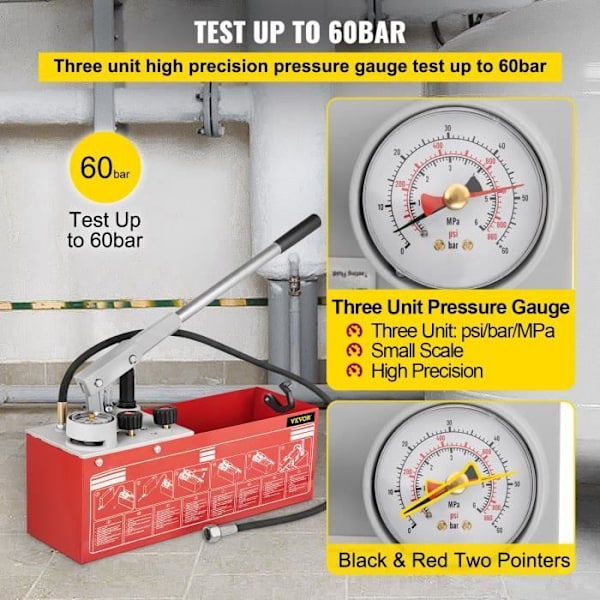 Trycktestpump - VEVOR - 60 bar 860 psi 6 MPa 12 L exakt dubbelventil hydrostatisk testpump - 49 x 16 x 17 cm