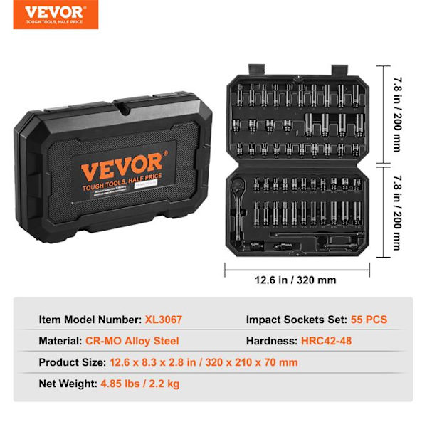 Slaghylsa 1/4"-VEVOR-SAE 5/32"-9/16" och metrisk 4-15 mm-6 punkter-för bilreparation, verkstad