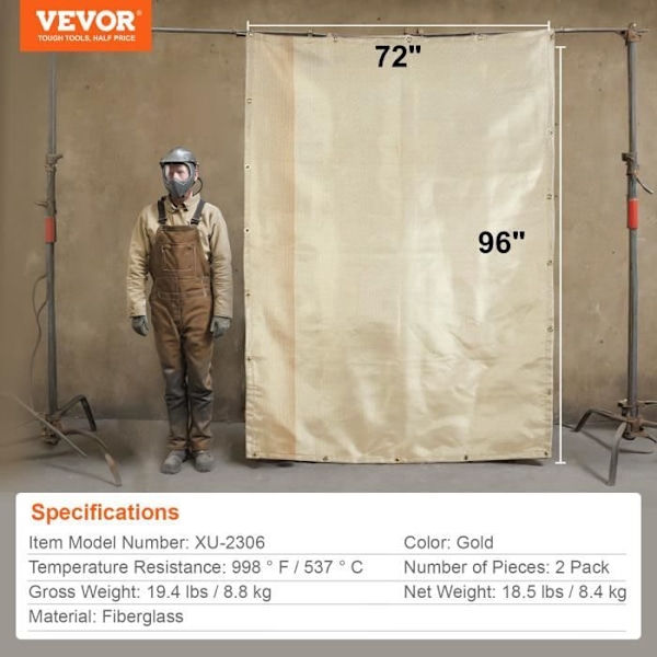 Flamskyddande svetsfilt-VEVOR-Set med 2 värmebehandlad glasfiberbrandfilt 190x242cm-Flamskyddssvetsning
