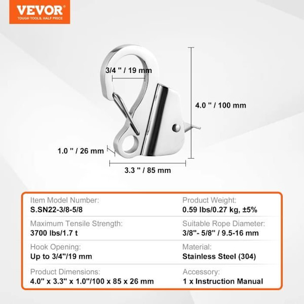 Båtankarkrok-VEVOR-304 Rostfritt stål-Quick Release-Ankarrep 9,5-16mm-Rymmer 1,7T