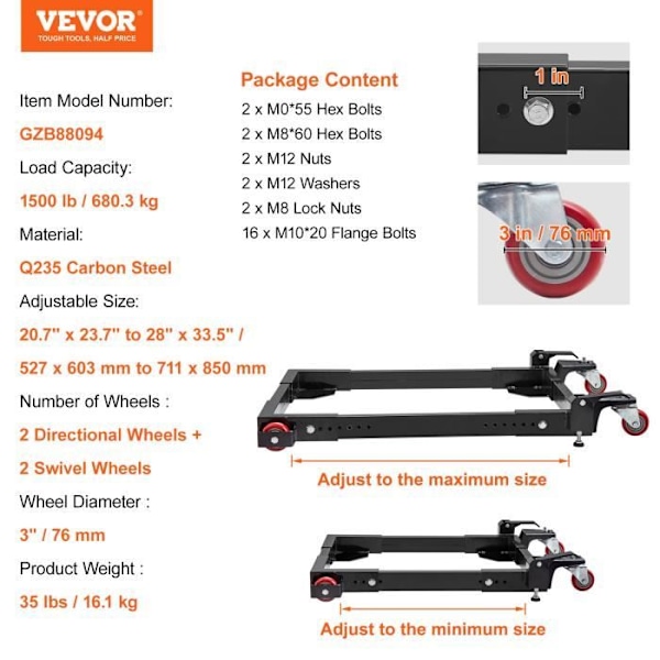 Tvättmaskinsbas - VEVOR - 527x603 mm till 711x850 mm, 2 riktningshjul + 2 svängbara hjul, Lastkapacitet 680,3 kg