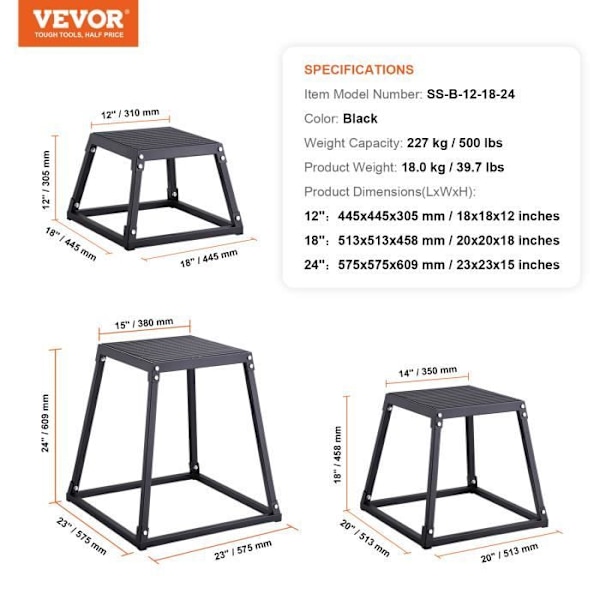 Bodybuilding Jump Box - VEVOR - 3-delat set 305/458/609 mm, Belastning 227 kg, Svart, För träning hemmagym