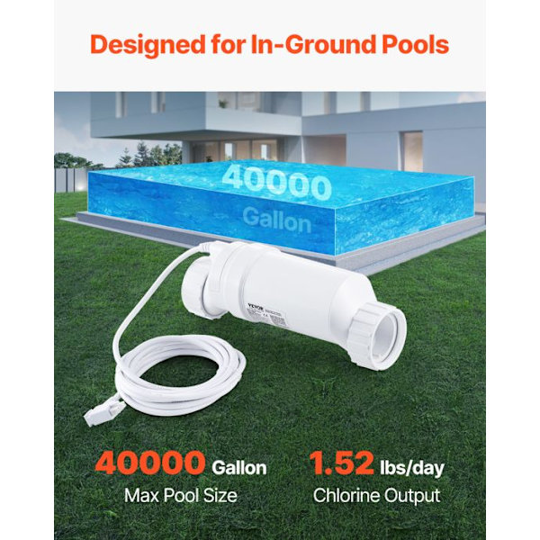 Saltwater Chlorination System-VEVOR-for In-Ground Pools of 151.4 kL-Pool Chlorination Cell-28.7 g/h