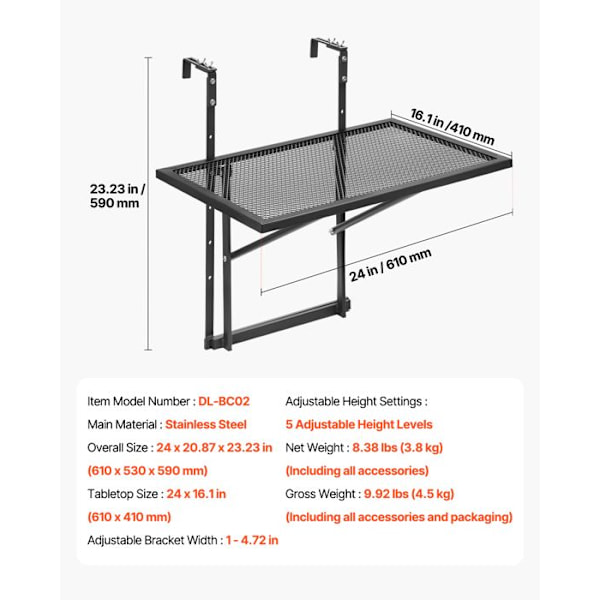 Bordsskiva för Balkong-VEVOR-610 x 530 x 590 mm-Fällbar Barbord för Utomhusbalkongräcken-Justerbar på 5 Nivåer