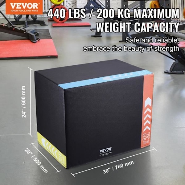 Bodybuilding Jump Box - VEVOR - 500x600x760 mm, 3 i 1, flerskiktsplywood, 76/60/50 cm, svart, 200 kg