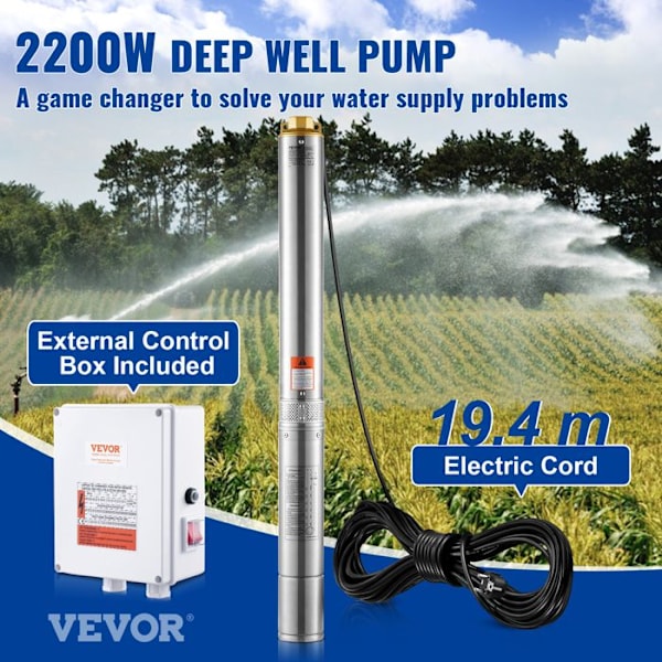 Dränkbar pump för Deep Well-VEVOR-2200 W-144 m-Extern kontrollbox, IP68 för hem, industriell bevattning