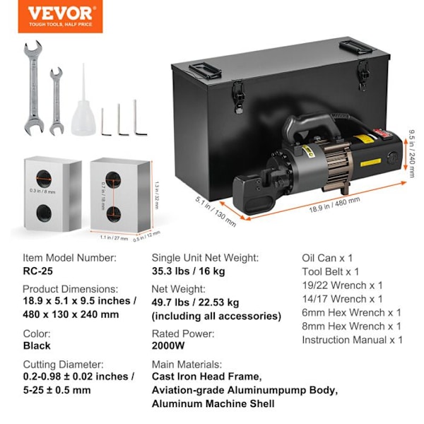 Portabel Elektrisk Hydraulisk Klippmaskin - VEVOR - 4-25 mm - Högpresterande Verktyg för Klippning av Armeringsstänger 2000 W