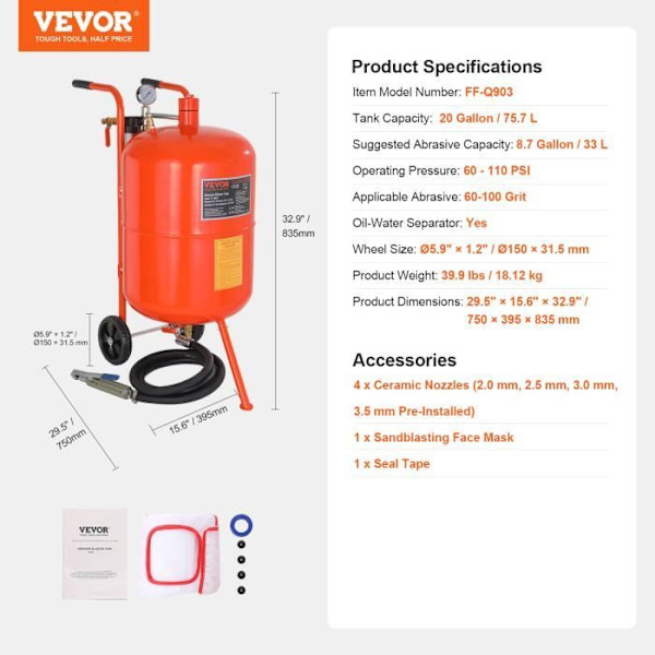 Sandbläster - VEVOR - 750 x 395 x 835 mm Högtryckstank Kapacitet 75,7 L 60-110 PSI med 4 munstycken för fläckar, rost
