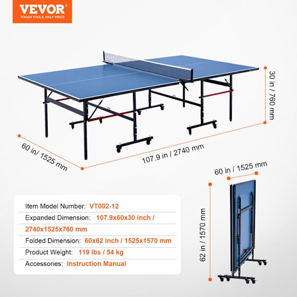 Ping Pong-bord - VEVOR - för professionellt bordtennisspel - med snabbkopplingsnät och låsande hjul