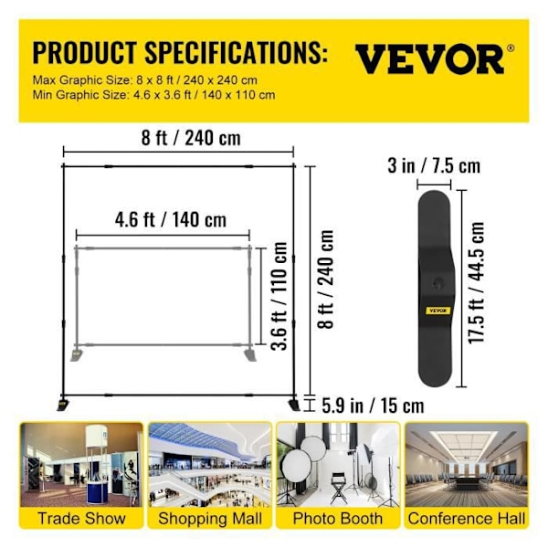 Bakgrundsstöd för Fotostudio - VEVOR - ZSJ-8x8 - Aluminium och järn - Svart Svart