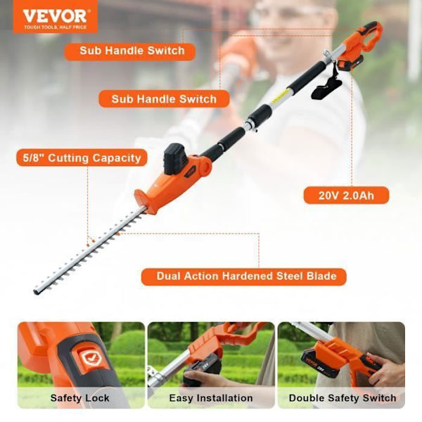VEVOR Trådlös Teleskopisk Häcksax 188-239 cm 20 V Blad 45,7 cm