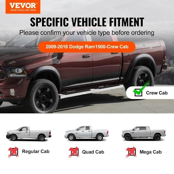Running Boards-VEVOR-2PCs 6,5" Kompatibel med 2009-2018 Dodge Ram 1500/2010-2023 Ram 2500/3500 (2019-2023 Classic ingår)