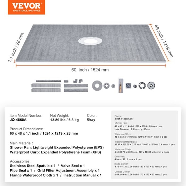 Shower Surround Kit - VEVOR - 60" x 48" med 2" ABS centerfläns - Lämplig för duschkar