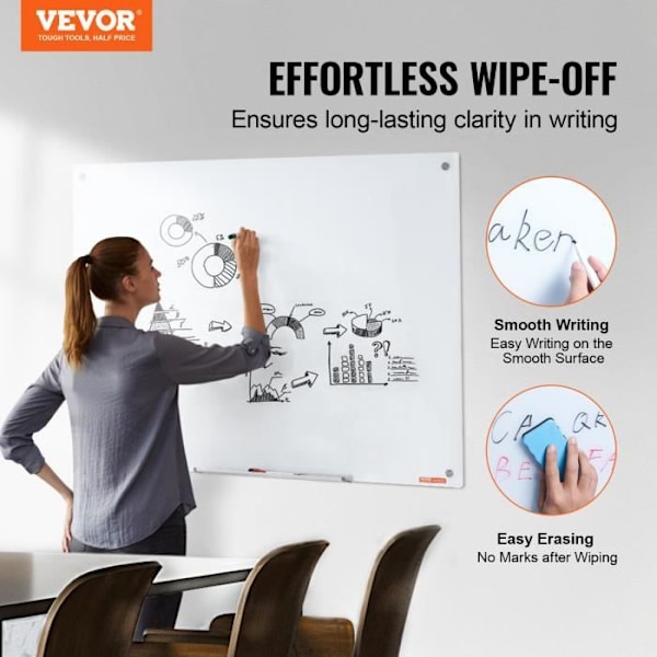 Whiteboard i glas - VEVOR - 120 x 80 cm - Stor ramlös vägganteckningstavla - Kontor Skola Restaurang Hem