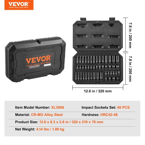 Slaghylssats-VEVOR-SAE 3/16"-9/16" och metrisk 4-15 mm-48 delar-för fordonsunderhåll