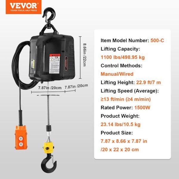Elektrisk lyftanordning - VEVOR - Bärbar elektrisk vinsch 2-i-1 bärbar lyftvinsch trådbunden kontroll 498,95 kg