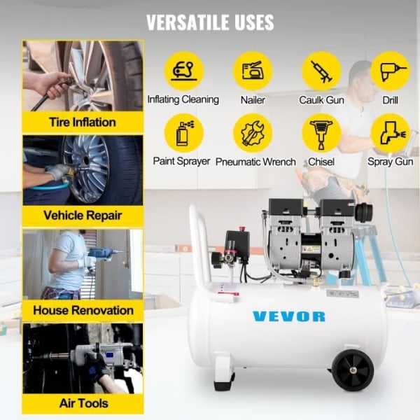 Oljefri luftkompressor - VEVOR - 750W Tyst horisontell 50L luftkompressor Vit