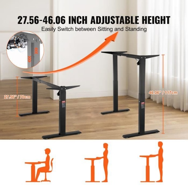 Stående skrivbordsram-VEVOR-Justerbar höjd 70-117 cm-Längd 90-135 cm-Skrivbord, endast ram-svart