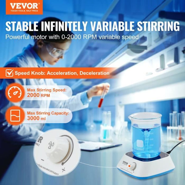 Magnetisk omrörare 0-2000 rpm 3000 mL-VEVOR-med omrörningsstång för forskningsstudie Experiment Skollab