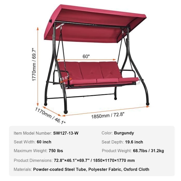 Terrass Gunga-VEVOR-3-sits-Justerbar Markis-Kudde-Legering Stål-Balkong-Trädgård-Pool Kant-Bordeaux Färg