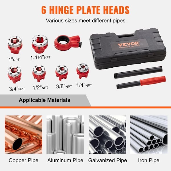 Spärrrörsgängningssats-VEVOR-VVS-förvaringsväska Galvaniserad aluminium Järn Kopparrör