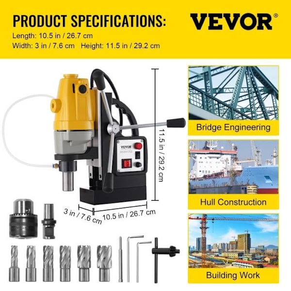 Magnetisk borr-VEVOR-1100 W-1-1-2 tum (40 mm) Borrdiameter-MD40, 12 000 N, 670 rpm-6 HSS ringformade fräsar