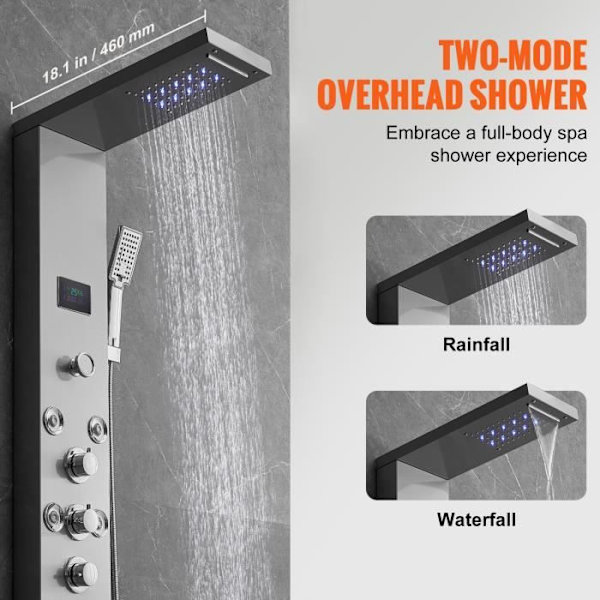 Duschhydromassage - VEVOR - Duschpaneltornsystem i rostfritt stål 6 vattenkraftlägen 1345 × 200 × 460 mm LED-skärm