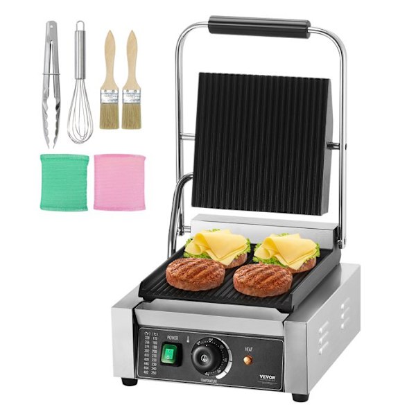 Elgrill 1800 W-VEVOR-Kommersiellt rostfritt stål Panini Press-Plancha för hamburgare, biff, bacon