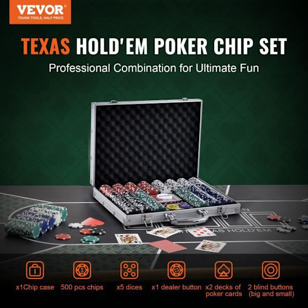 Komplett Ultimate Poker Kit - VEVOR - 500 marker - Tokens mått: 40 x 3,3 mm - Fodralmaterial: Aluminium - Home Casino
