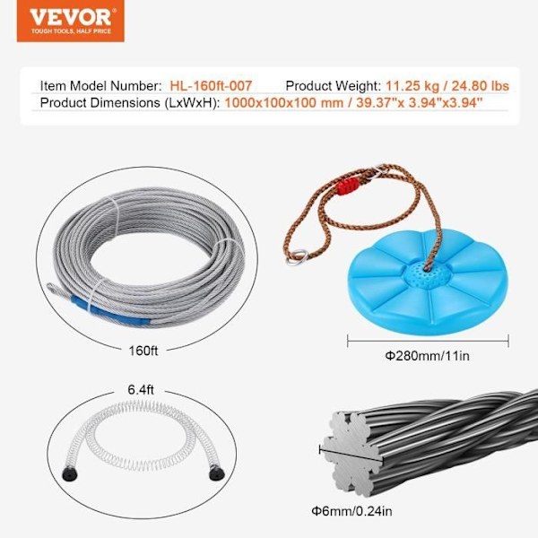 Zipline Kit -VEVOR-48,8m Zipline för barn och vuxna - för trädgården Bakgård utomhus