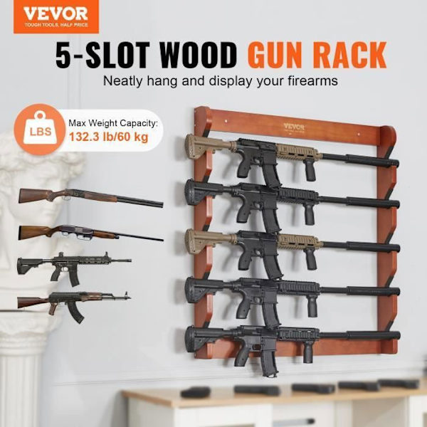 Vapenställ - VEVOR - 840 x 765 x 100 mm, 5 spår Väggfäste, Lastkapacitet 60 kg, ljusröd