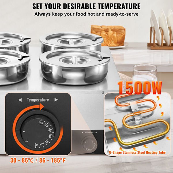 Soup Warmer 4 x 7 L-VEVOR-Elektrisk Soup Station 1500 W-Anti-Dry Burning and Reset Button, Bufférestaurang