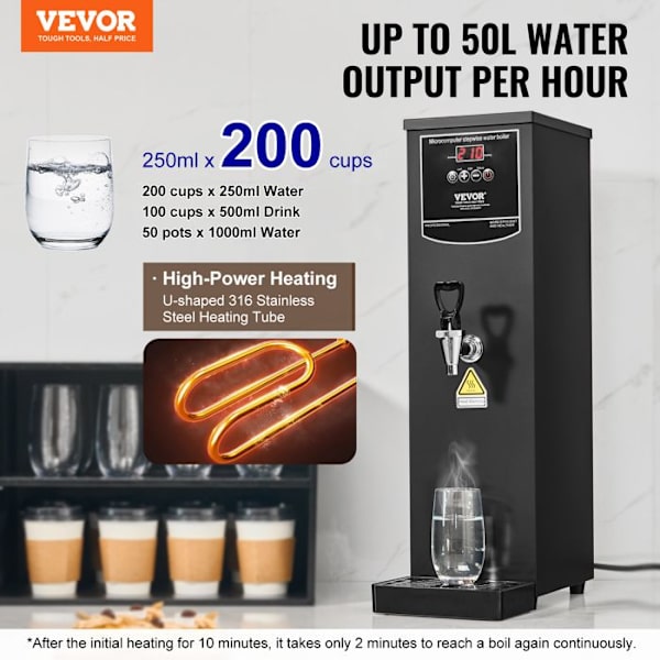 Kommersiell elektrisk varmvattenautomat 15 L-VEVOR-2500 W 50 L/h-Snabbuppvärmning steg för steg för kaffe, te, kontor