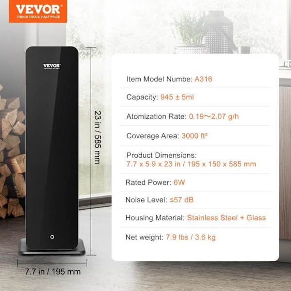Doftluftmaskin - VEVOR - 195x150x585 mm Doftluftmaskin 950 ml Bluetooth kallluftspridare 3000 kvadratfot vattenlös