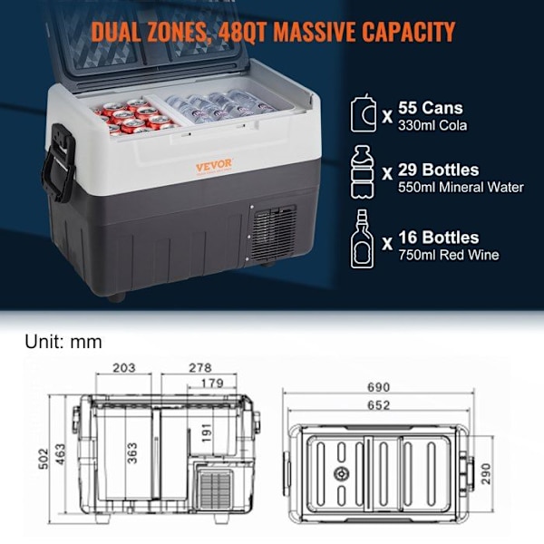 45 L Bärbar elektrisk kylbox - VEVOR - Bilkylskåp med dubbla zoner - 0,6 kW.h -20°C till 10°C Justerbar