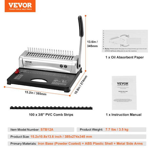 Bindningsmaskin - VEVOR - 21-håls kambindningsmaskin - med 100 3/8'' kambindningsryggar - för Letter, A4, A5-storlek