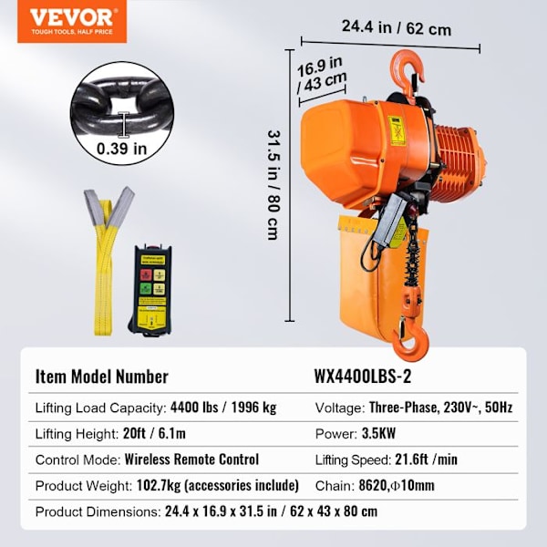 Elektrisk kedjetelfer-VEVOR-Lastkapacitet 1996 kg-Max lyfthöjd 6 m, 3,5 kW-för garage, verkstad, hotell, hem
