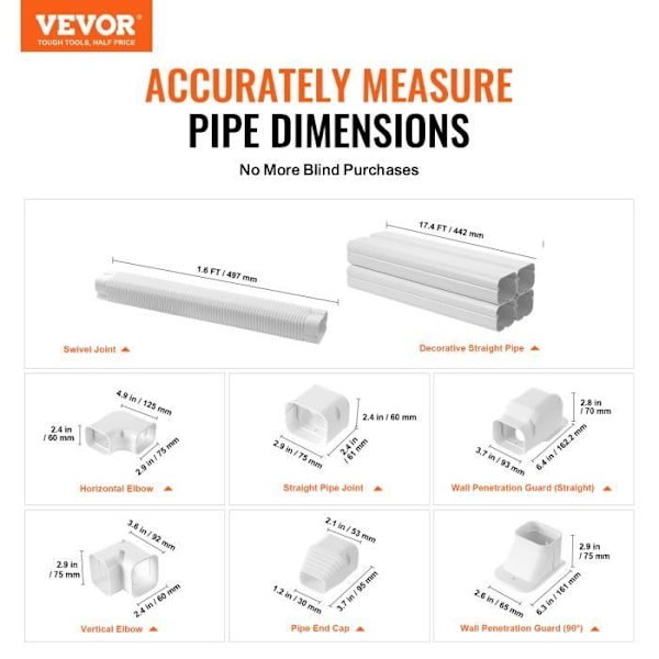 Mini Split Line Cover-VEVOR-75mm Bredd 5400mm Längd, PVC dekorativt kanalskydd - för luftkonditionering, Vit