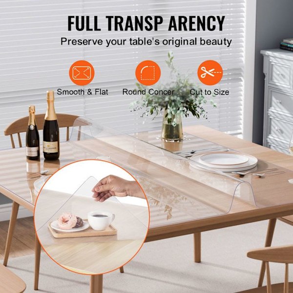 PVC Transparent Bordsduk-VEVOR-1372x1372 mm-Tjocklek 2 mm-Kvadrat-Resistent mot vatten-Lätt att rengöra Transparent