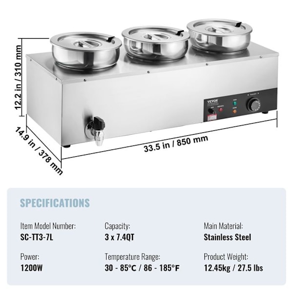 Soup Warmer 3 x 7 L-VEVOR-Elektrisk Soup Station 1200 W-Anti-Dry Burning and Reset Button, Bufférestaurang