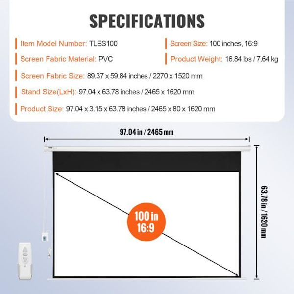 Projektionsduk - VEVOR - 2465 x 80 x 1620 mm, 16:9 HD 4K 1080, PVC, Med vidvinkelfjärrkontroll, direkt väggmontering