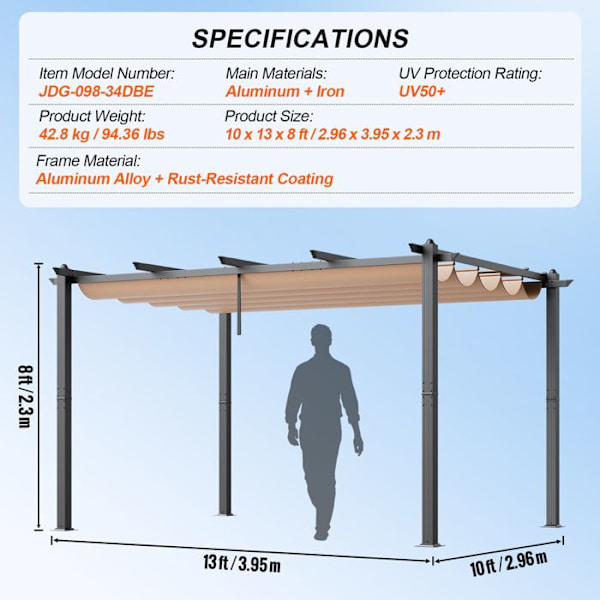 Utfällbar utomhuspergola 3 x 4 m-VEVOR-Aluminium Garden Gazebo-för uteplatser, trädgårdar, däck, bakgårdar-beige