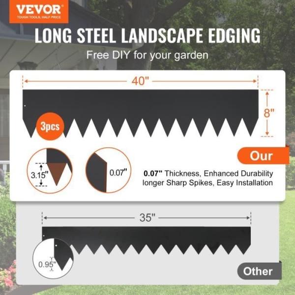Trädgårdskant - VEVOR - 3 förpackningar med 8 tum x 10 fot hög trädgårdskant i stål - svart - Vikt 8,21 kg±3 %