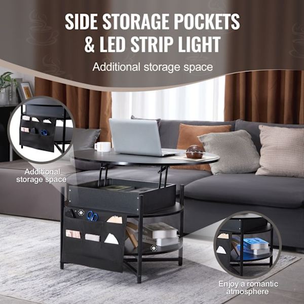 Soffbord med lyftbar skiva - VEVOR - Runt vardagsrumssoffbord med LED - Sidoförvaringspåsar - 90x90x51 cm - Svart Svart