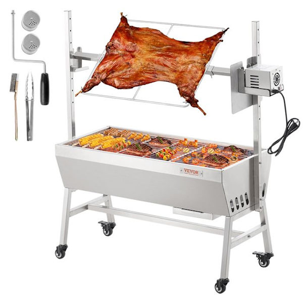 Kolgrill med elektriskt grillspett 42 W-VEVOR- Last 61 kg-med låshjul för lammgriskyckling